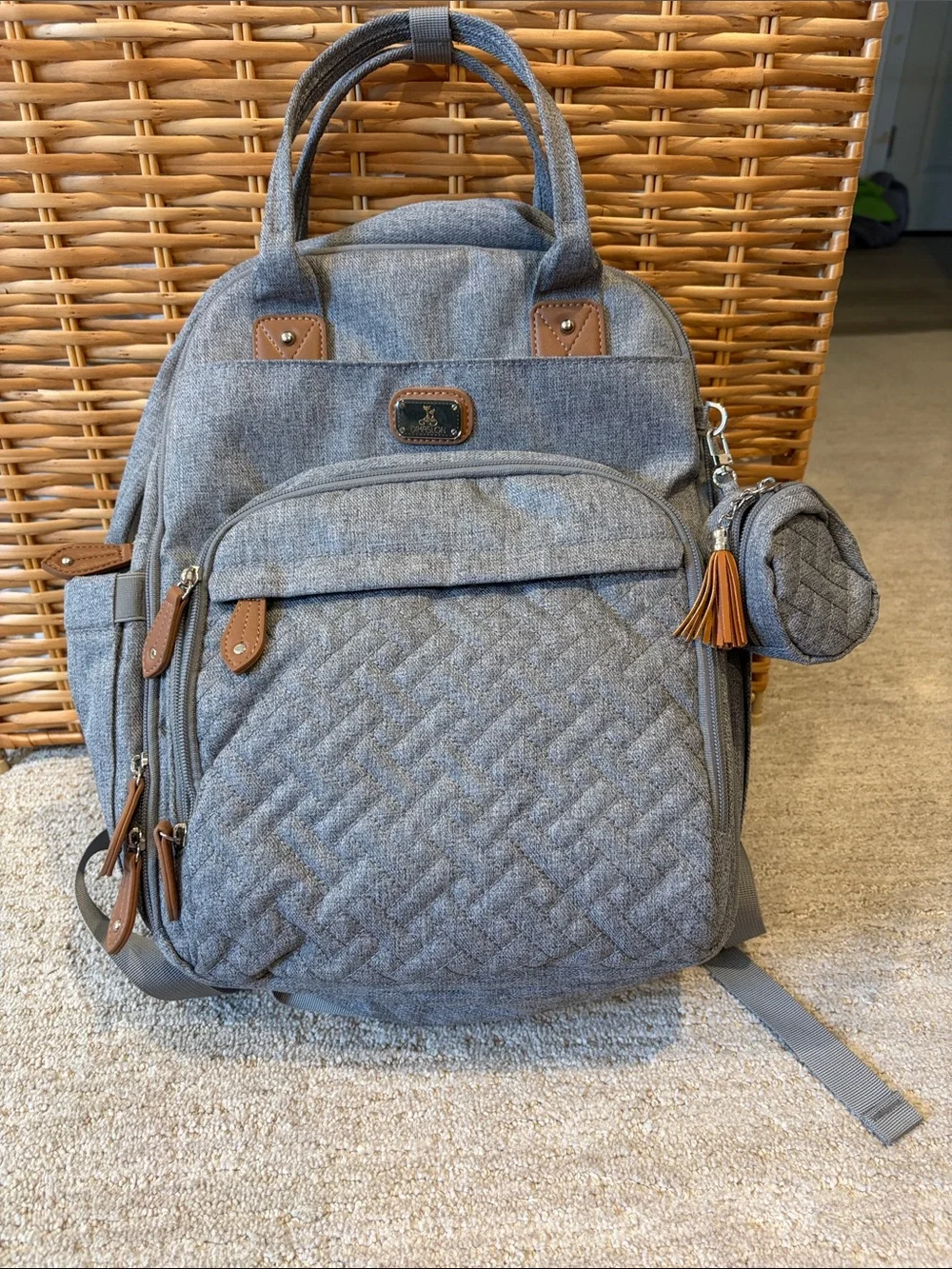 Gray Diaper Backpack with Changing Pad and Pacifier Case